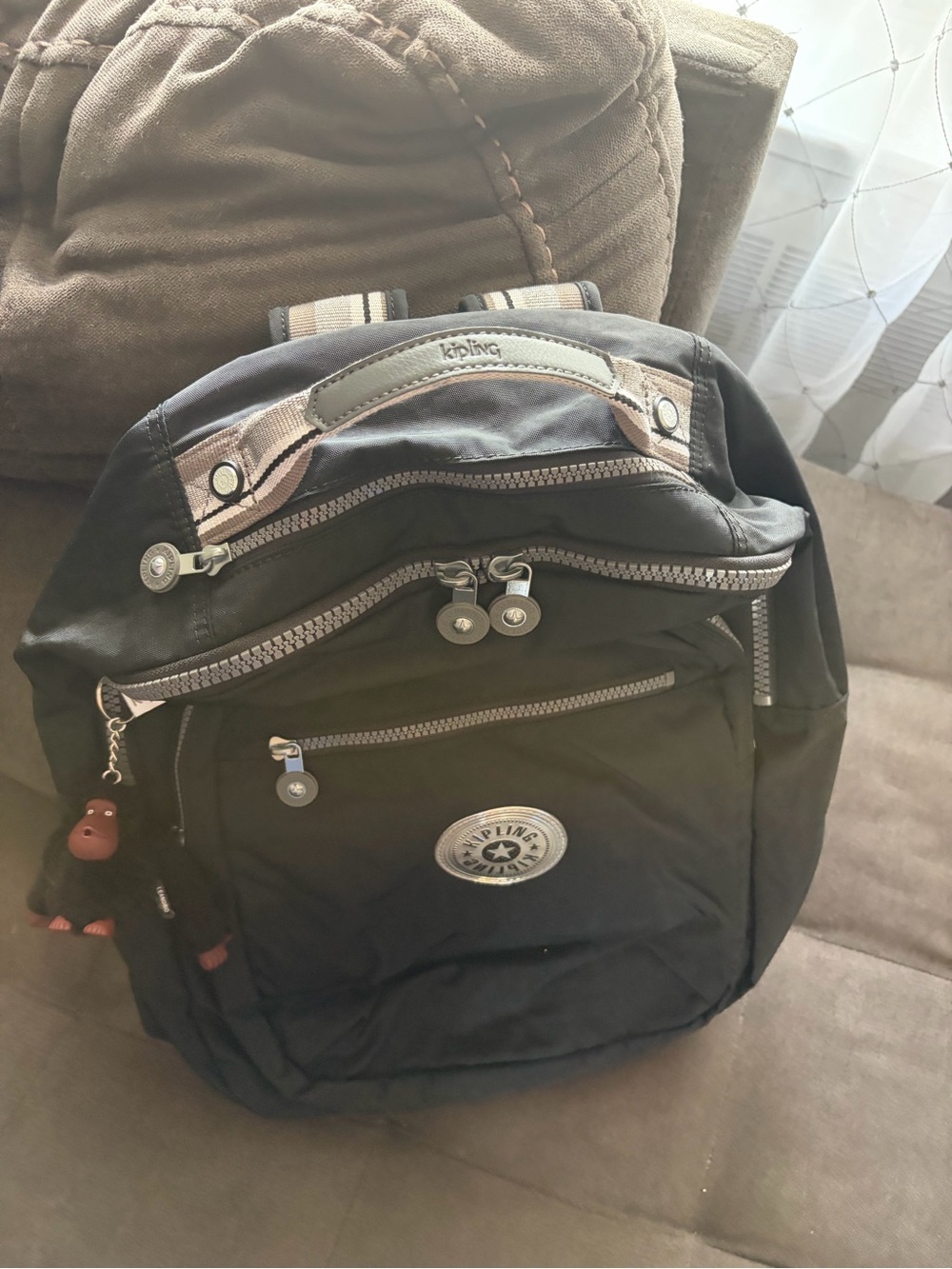 Kipling Black Nylon Backpack with Front Logo and Monkey Charm - Picture 2 of 8